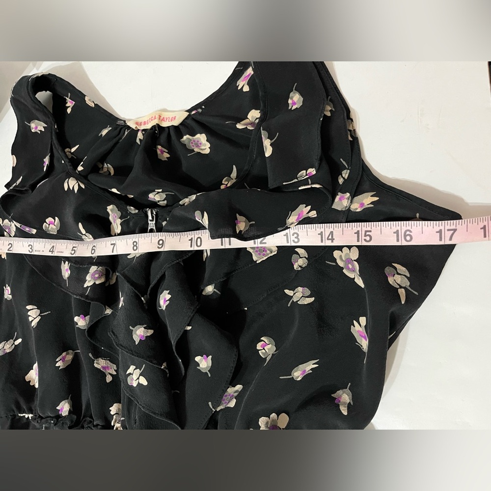 Rebecca Taylor Silk Dress 2 Ruffle Front Sleeveless Front Zip Black Ghost Floral - Picture 7 of 8